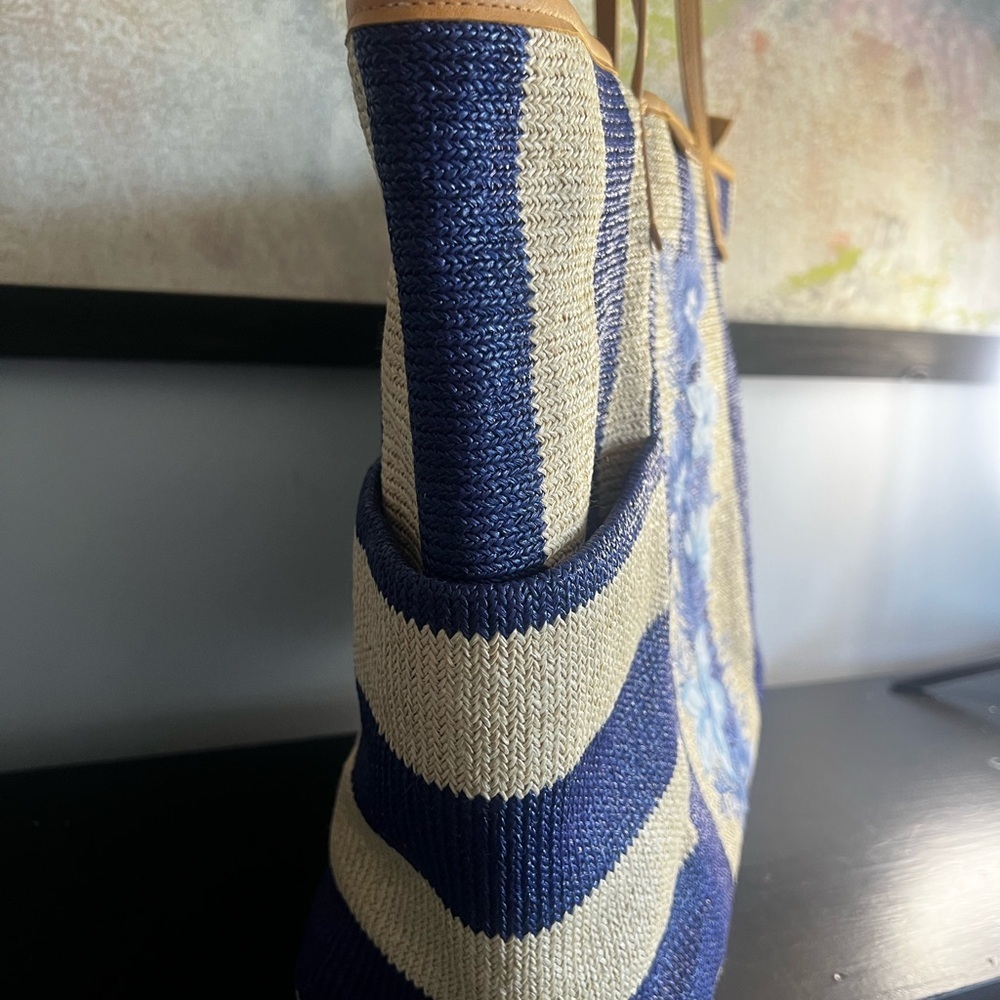 Vera Bradley Navy and Cream Floral-Embroidered Straw Tote with Tan Handles - Picture 8 of 12